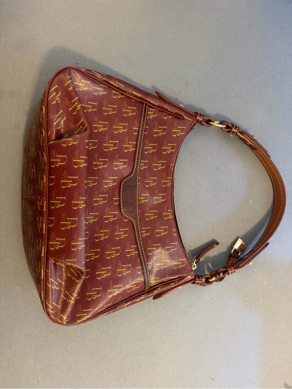 Dooney & Bourke Burgundy Monogram Shoulder Bag with Gold Accents